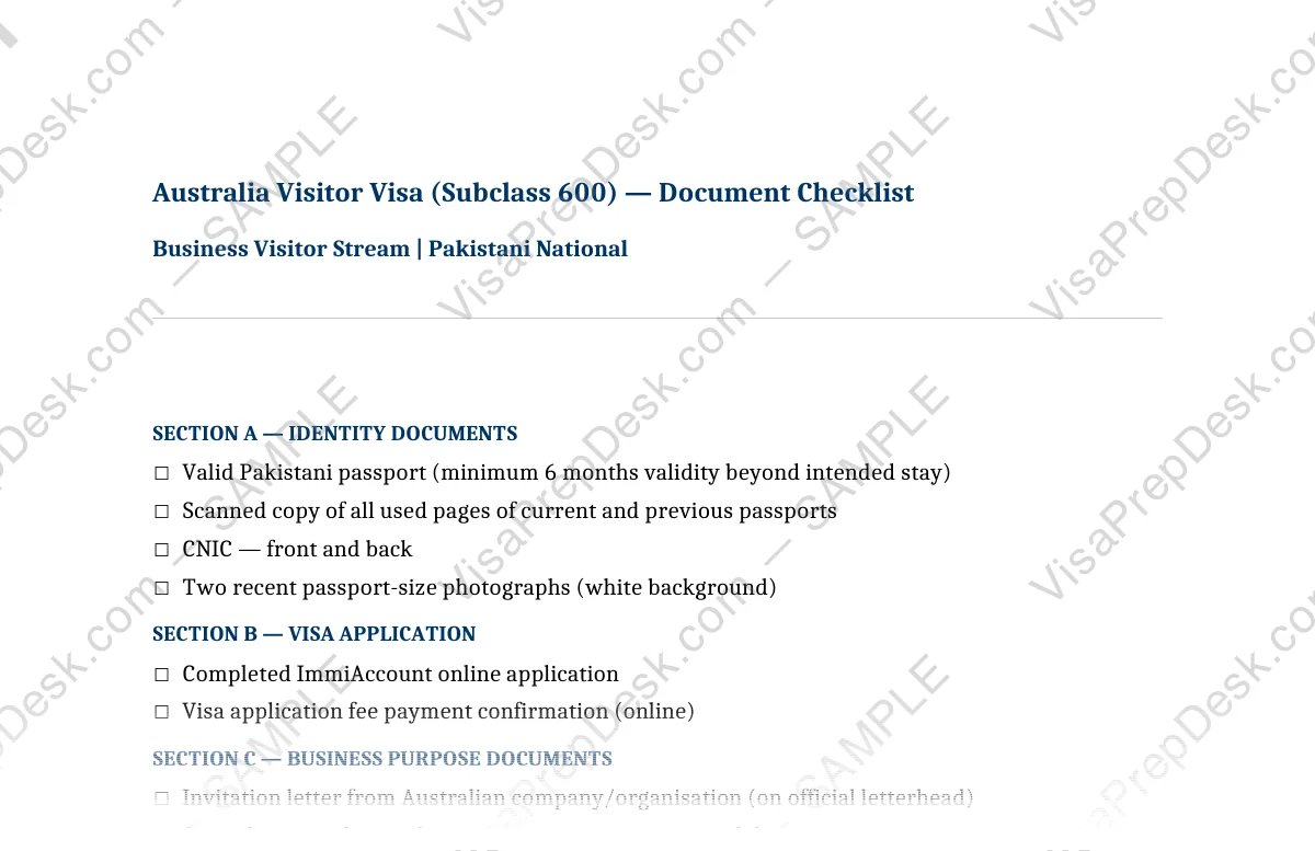 First page preview of the Australia Business Visitor Visa Checklist template for Pakistani applicants — watermarked sample