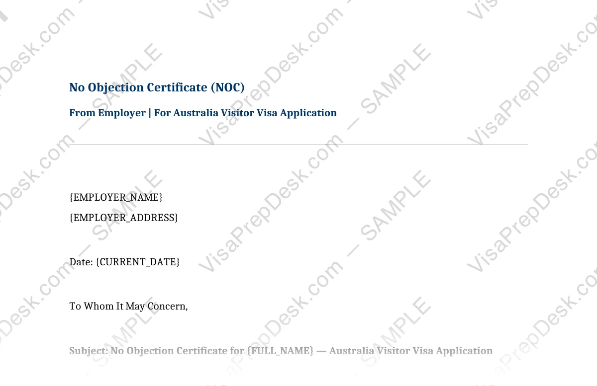First page preview of the Australia Employer NOC template for Pakistani applicants — watermarked sample