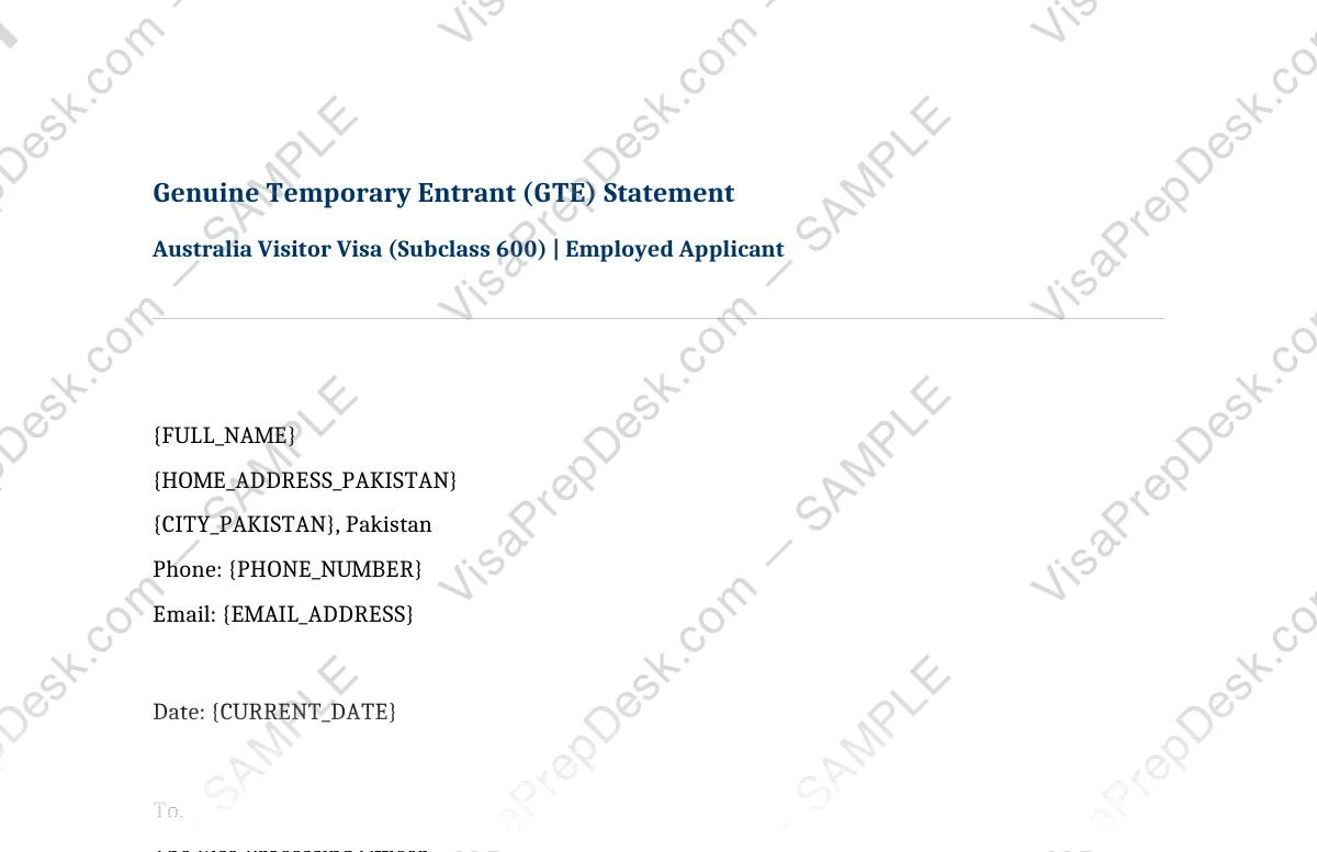 First page preview of the Australia GTE Statement — Employed template for Pakistani applicants — watermarked sample