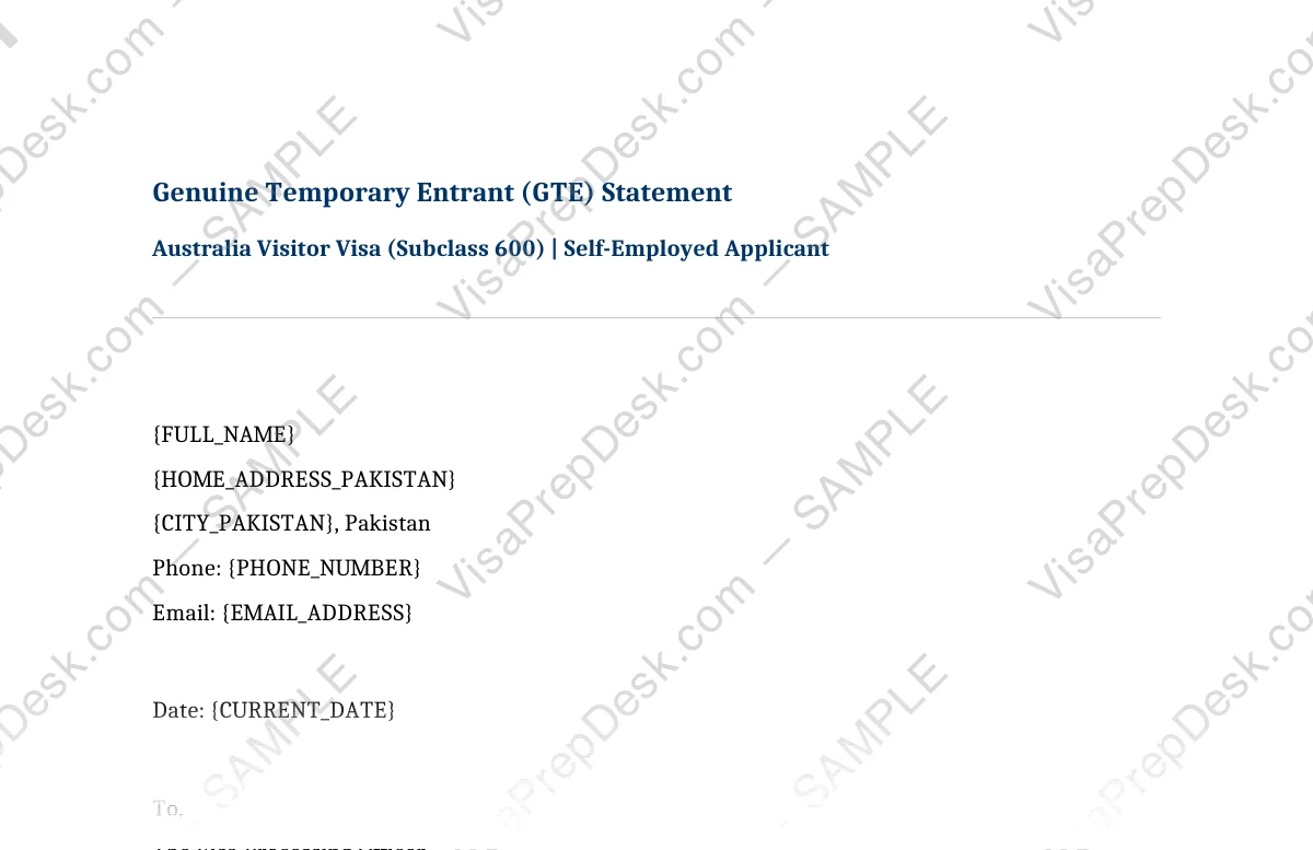 First page preview of the Australia GTE Statement — Self-Employed template for Pakistani applicants — watermarked sample