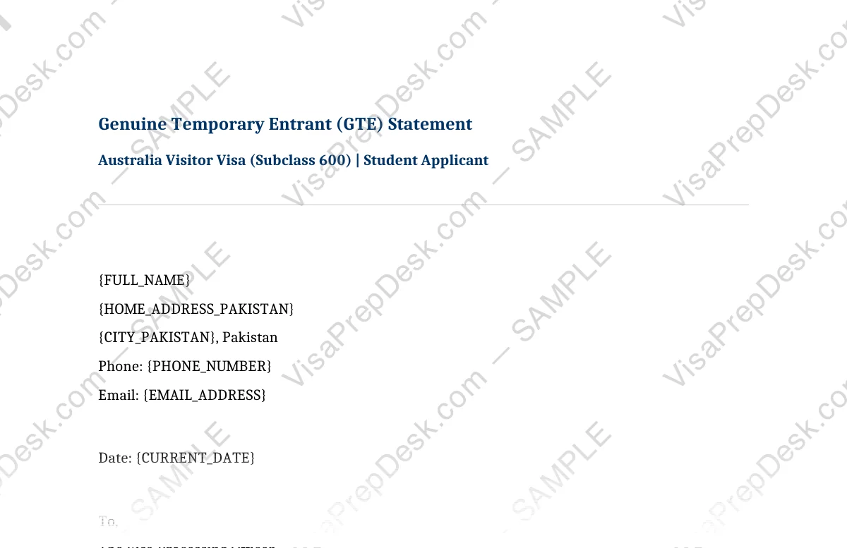 First page preview of the Australia GTE Statement — Student template for Pakistani applicants — watermarked sample