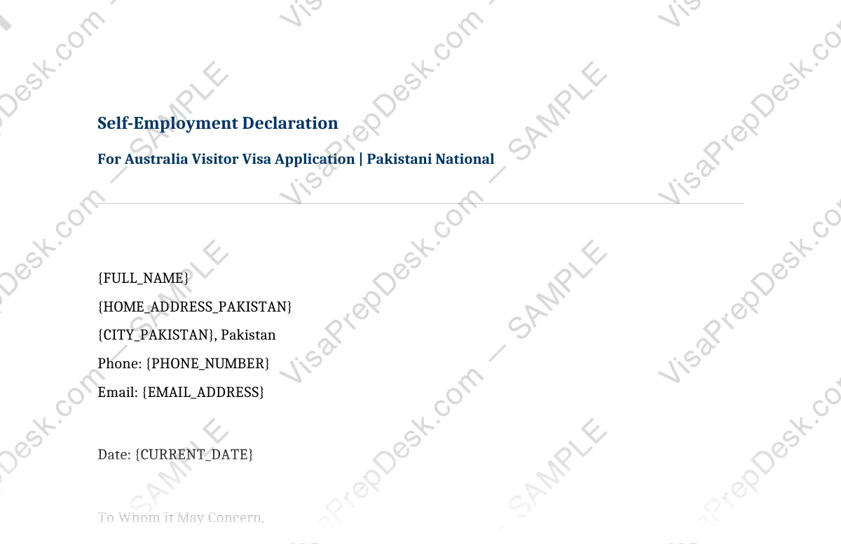 First page preview of the Australia Self-Employed NOC template for Pakistani applicants — watermarked sample