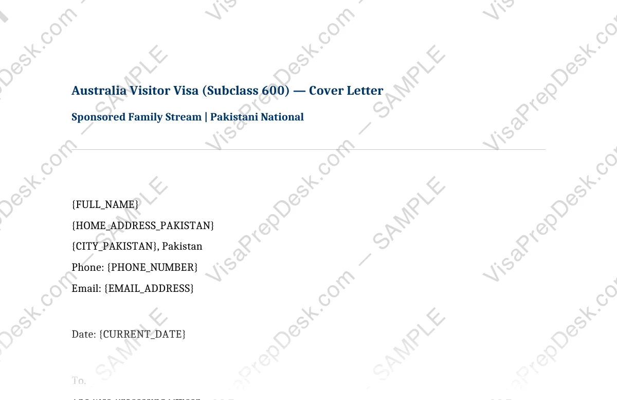 First page preview of the Australia Sponsored Family Cover Letter template for Pakistani applicants — watermarked sample