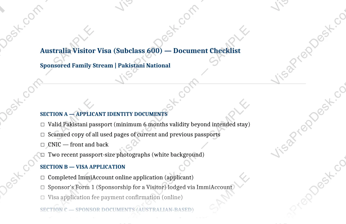 First page preview of the Australia Sponsored Family Visa Checklist template for Pakistani applicants — watermarked sample