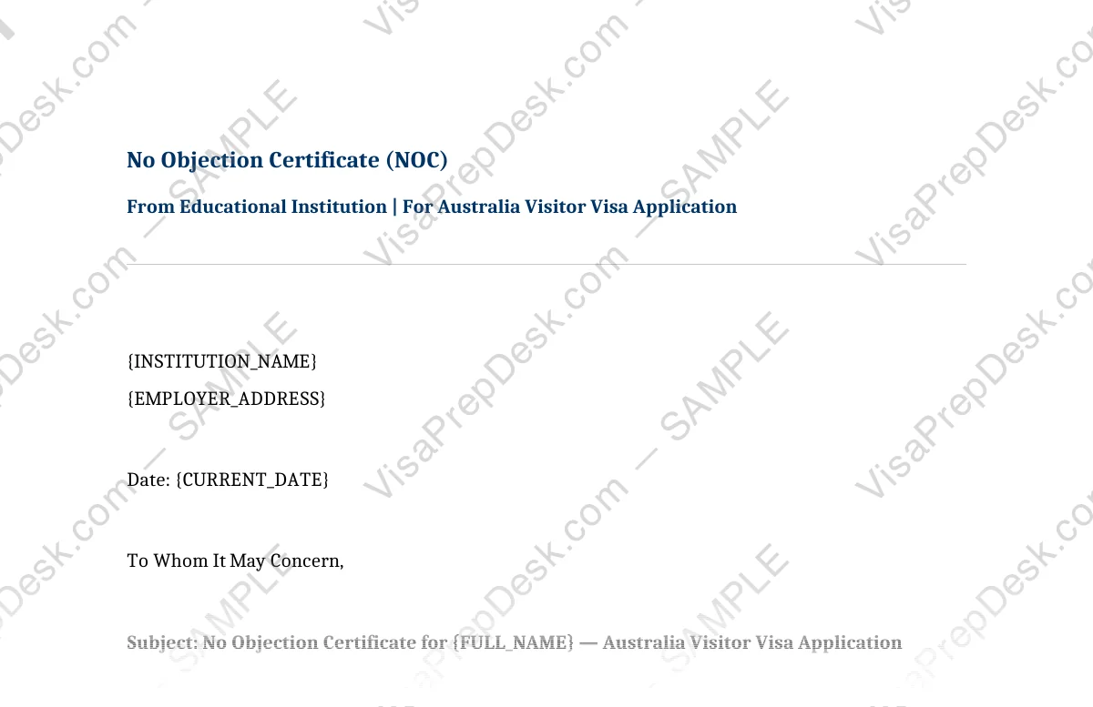 First page preview of the Australia Student NOC template for Pakistani applicants — watermarked sample