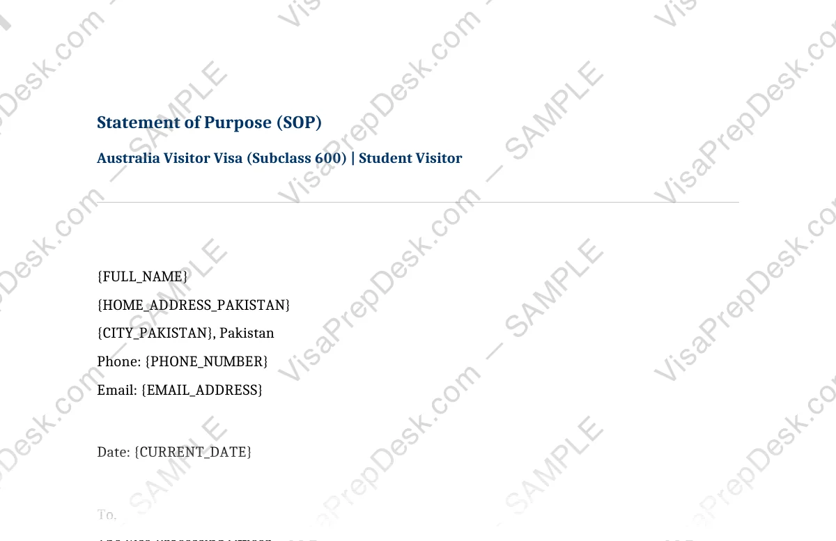 First page preview of the Australia Student Visitor SOP template for Pakistani applicants — watermarked sample