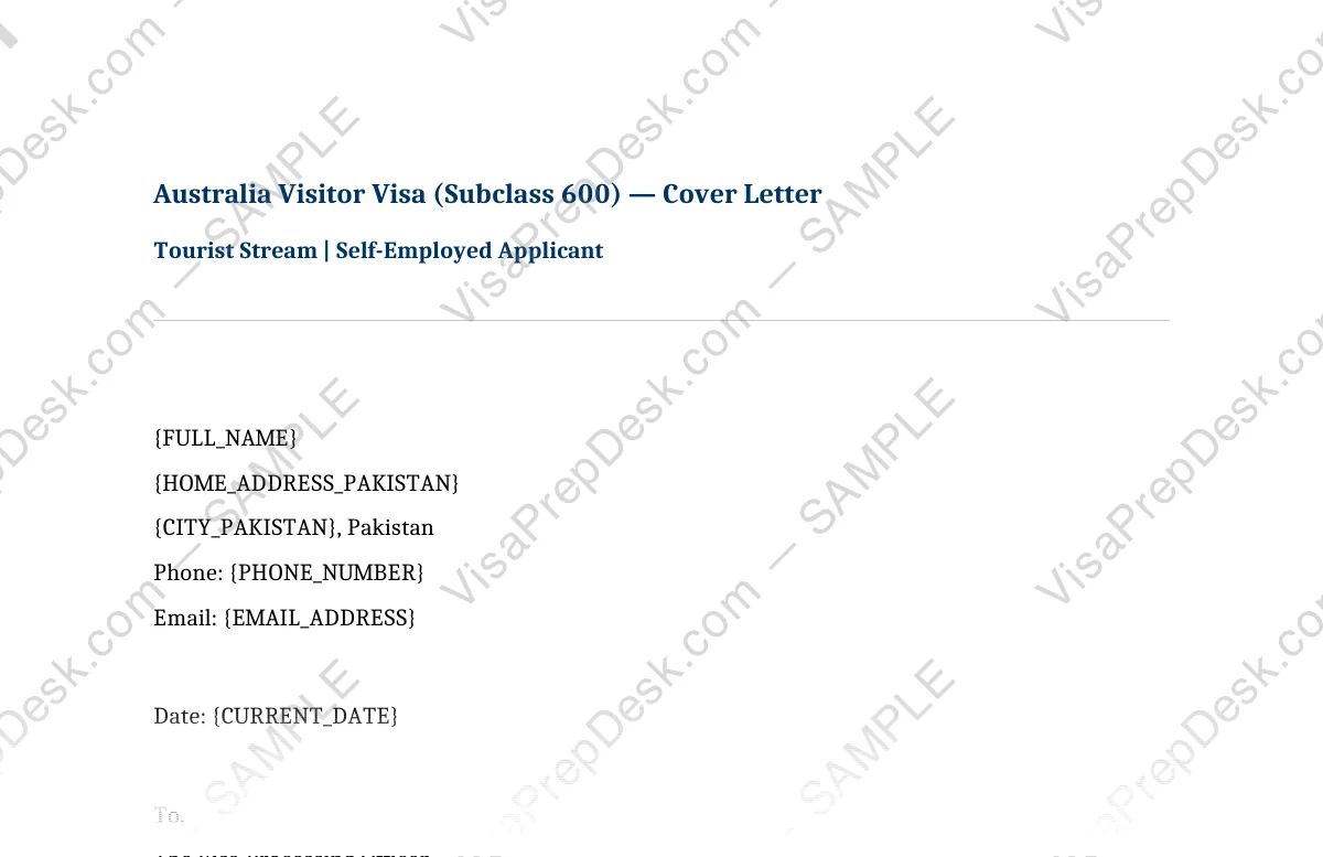 First page preview of the Australia Tourist Cover Letter — Self-Employed template for Pakistani applicants — watermarked sample