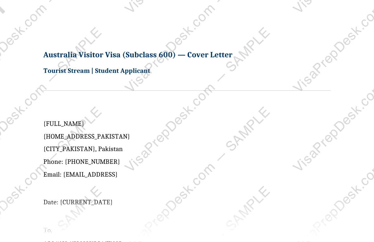 First page preview of the Australia Tourist Cover Letter — Student template for Pakistani applicants — watermarked sample