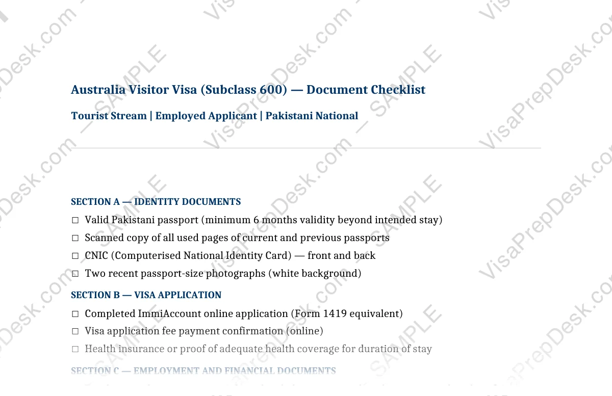 First page preview of the Australia Tourist Visa Checklist — Employed template for Pakistani applicants — watermarked sample
