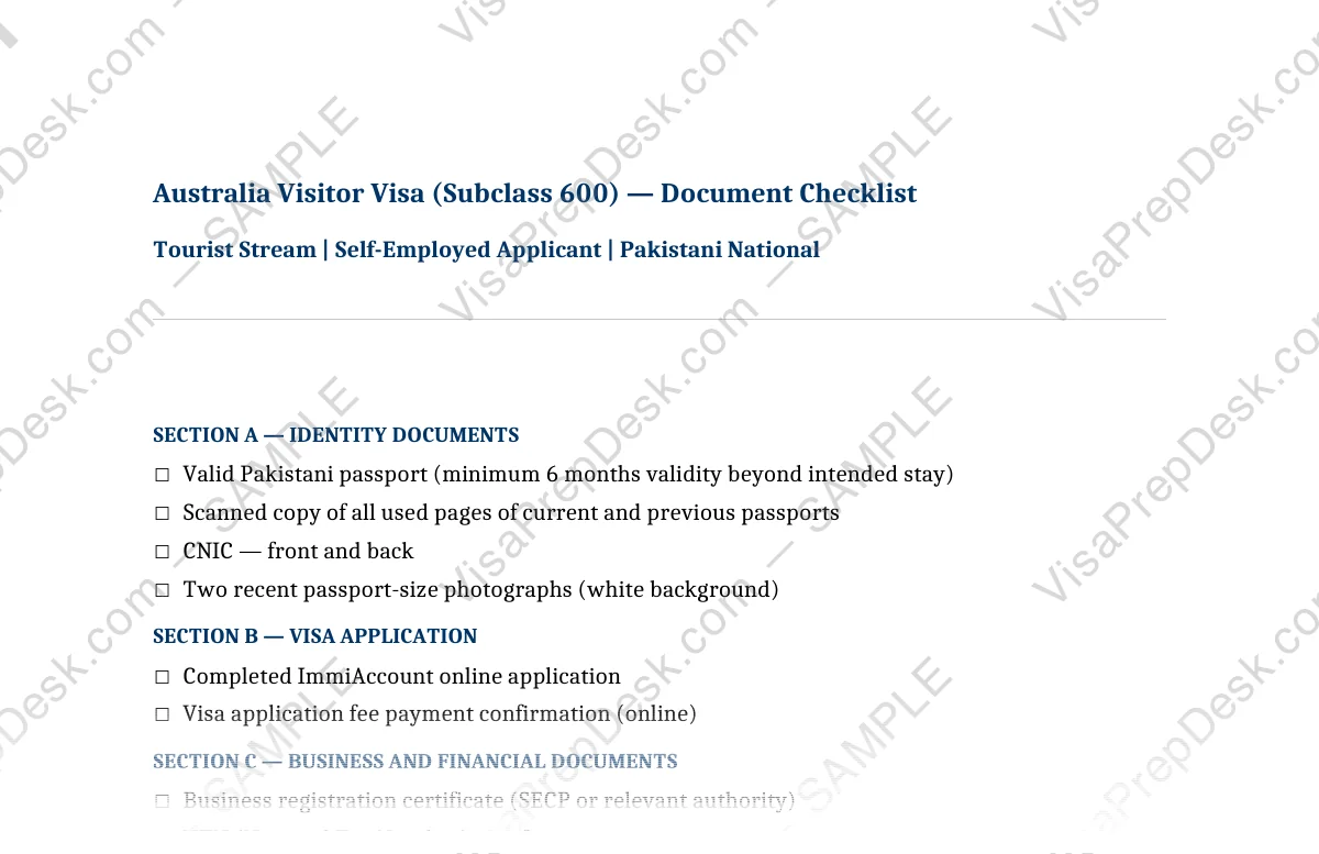 First page preview of the Australia Tourist Visa Checklist — Self-Employed template for Pakistani applicants — watermarked sample