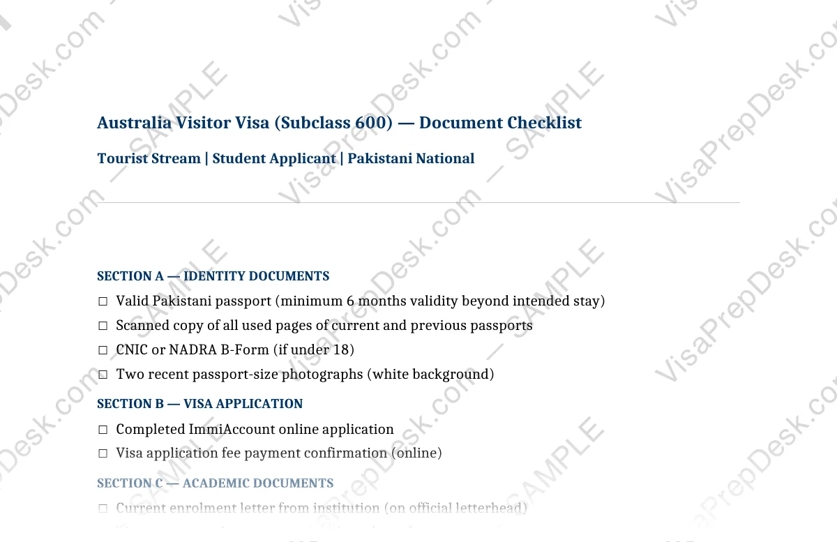 First page preview of the Australia Tourist Visa Checklist — Student template for Pakistani applicants — watermarked sample