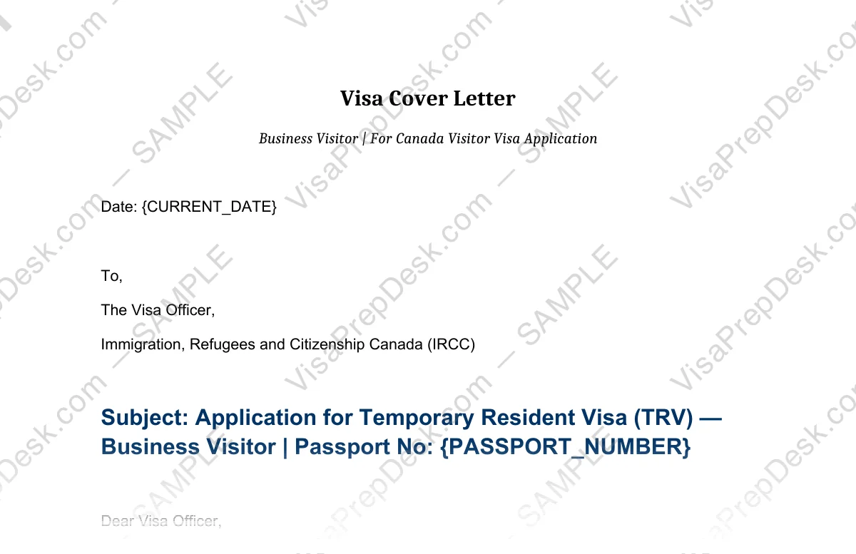 First page preview of the Canada Business Visitor Cover Letter template for Pakistani applicants — watermarked sample