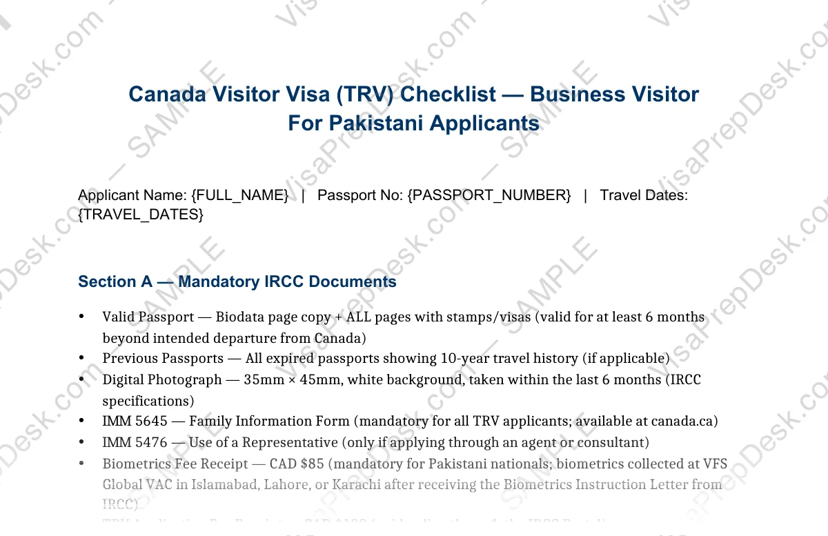 First page preview of the Canada Business Visitor Visa Checklist template for Pakistani applicants — watermarked sample