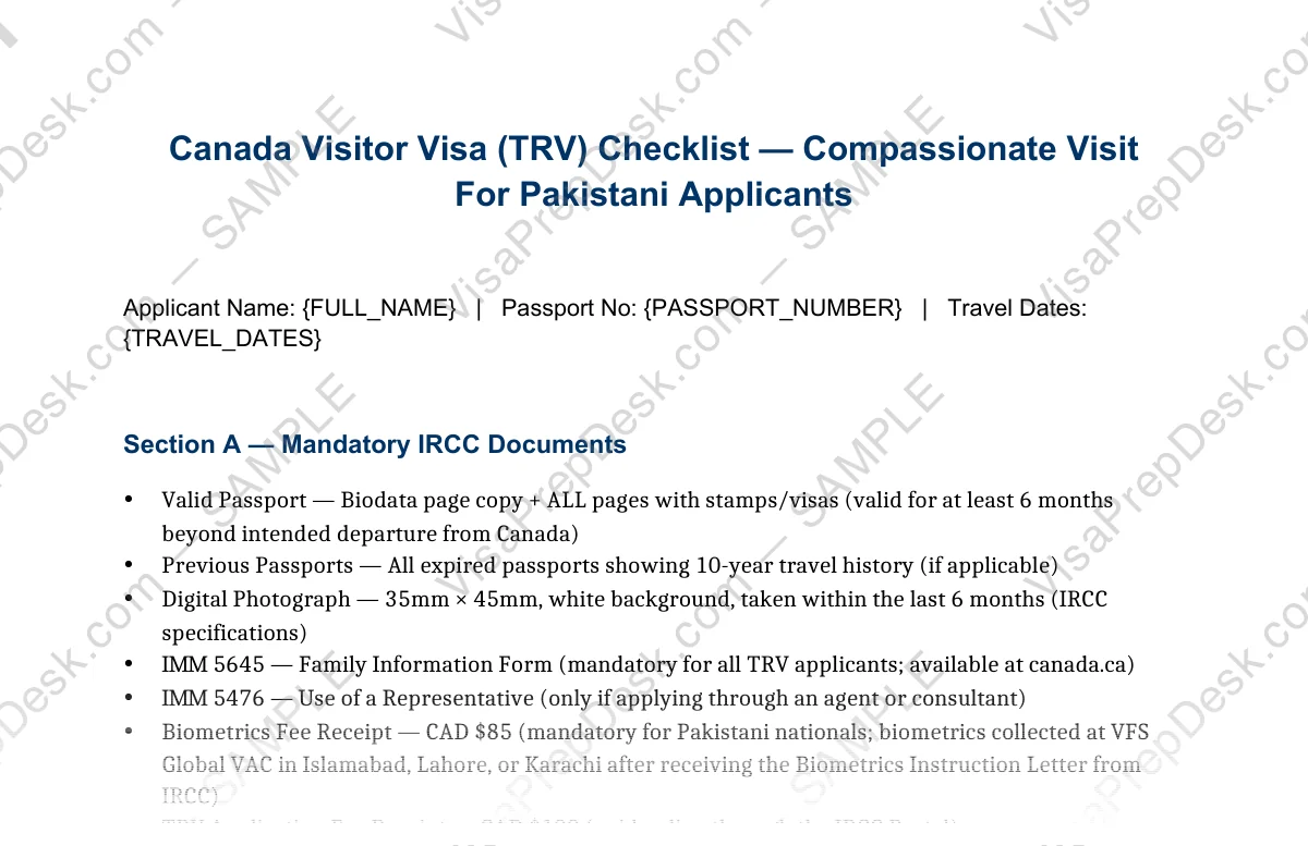 First page preview of the Canada Compassionate Visa Checklist template for Pakistani applicants — watermarked sample