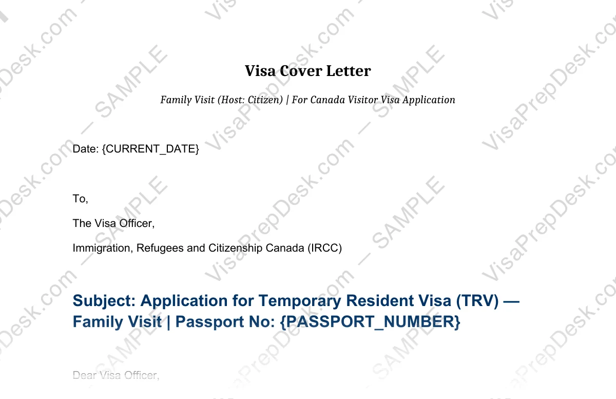 First page preview of the Canada Family Visit Cover Letter — Citizen Host template for Pakistani applicants — watermarked sample