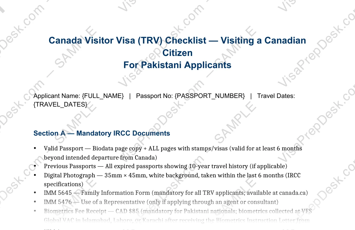 First page preview of the Canada Family Visit Visa Checklist — Citizen Host template for Pakistani applicants — watermarked sample