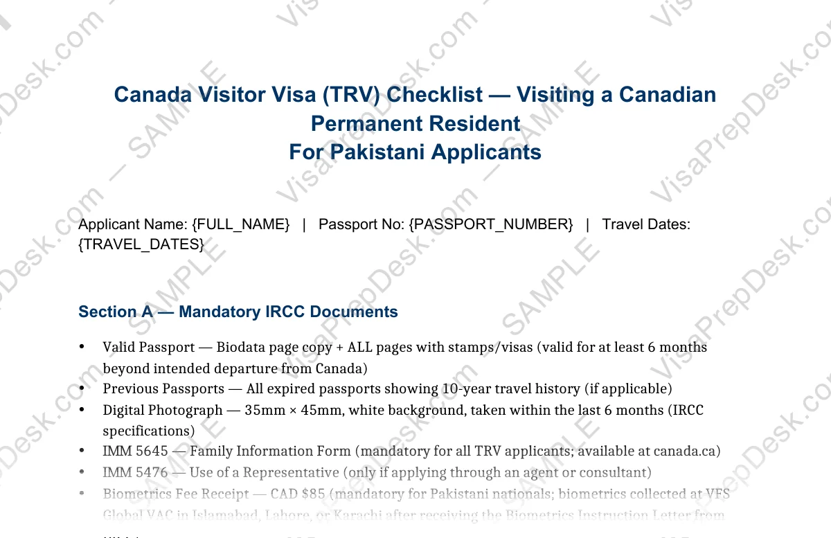 First page preview of the Canada Family Visit Visa Checklist — PR Host template for Pakistani applicants — watermarked sample