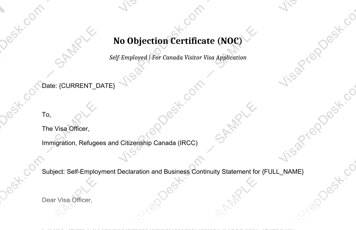 First page preview of the Canada Self-Employed NOC template for Pakistani applicants — watermarked sample