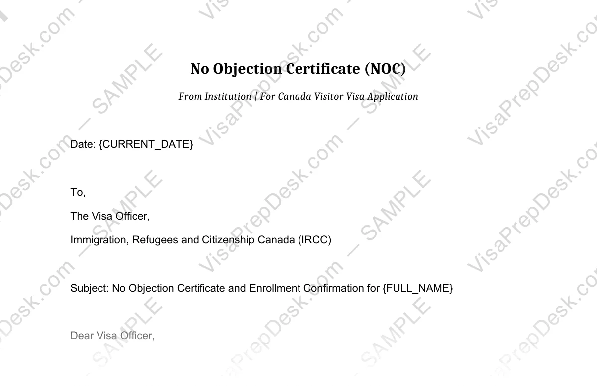 First page preview of the Canada Student NOC template for Pakistani applicants — watermarked sample