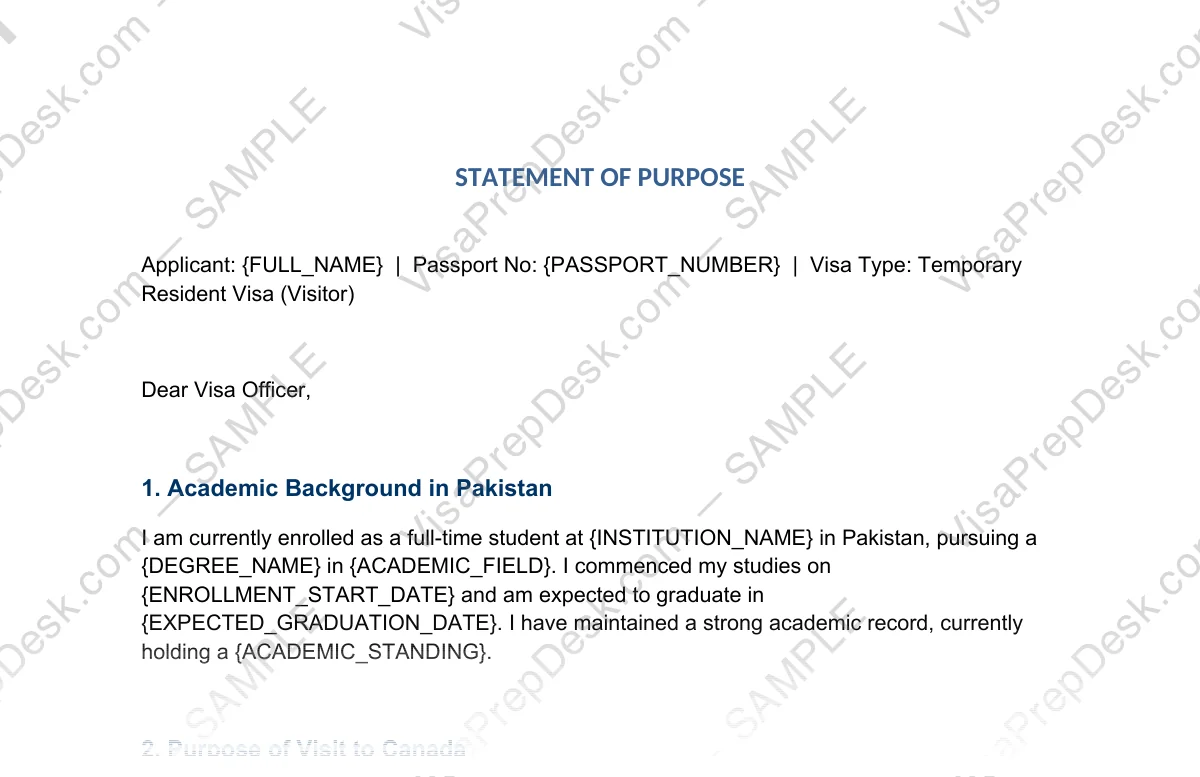 First page preview of the Canada Student Visitor SOP template for Pakistani applicants — watermarked sample
