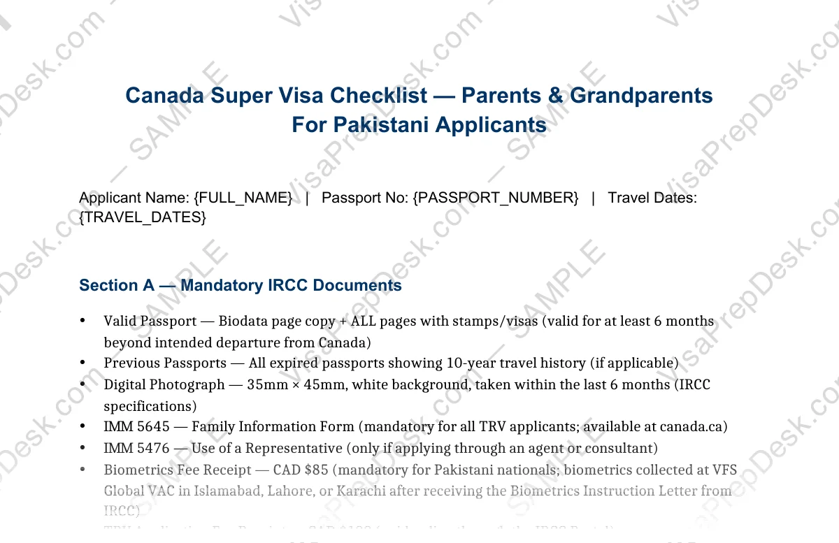 First page preview of the Canada Super Visa Checklist template for Pakistani applicants — watermarked sample
