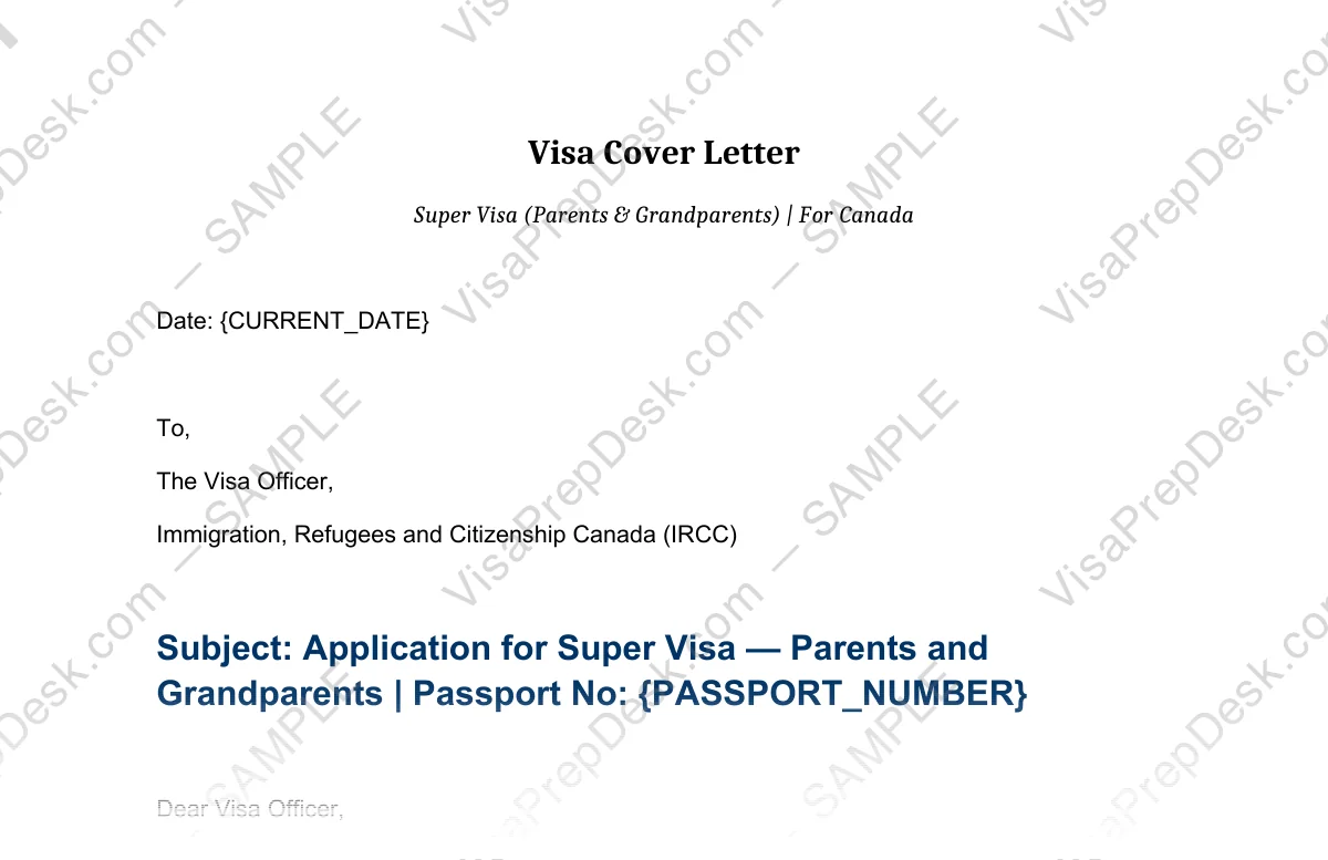 First page preview of the Canada Super Visa Cover Letter template for Pakistani applicants — watermarked sample