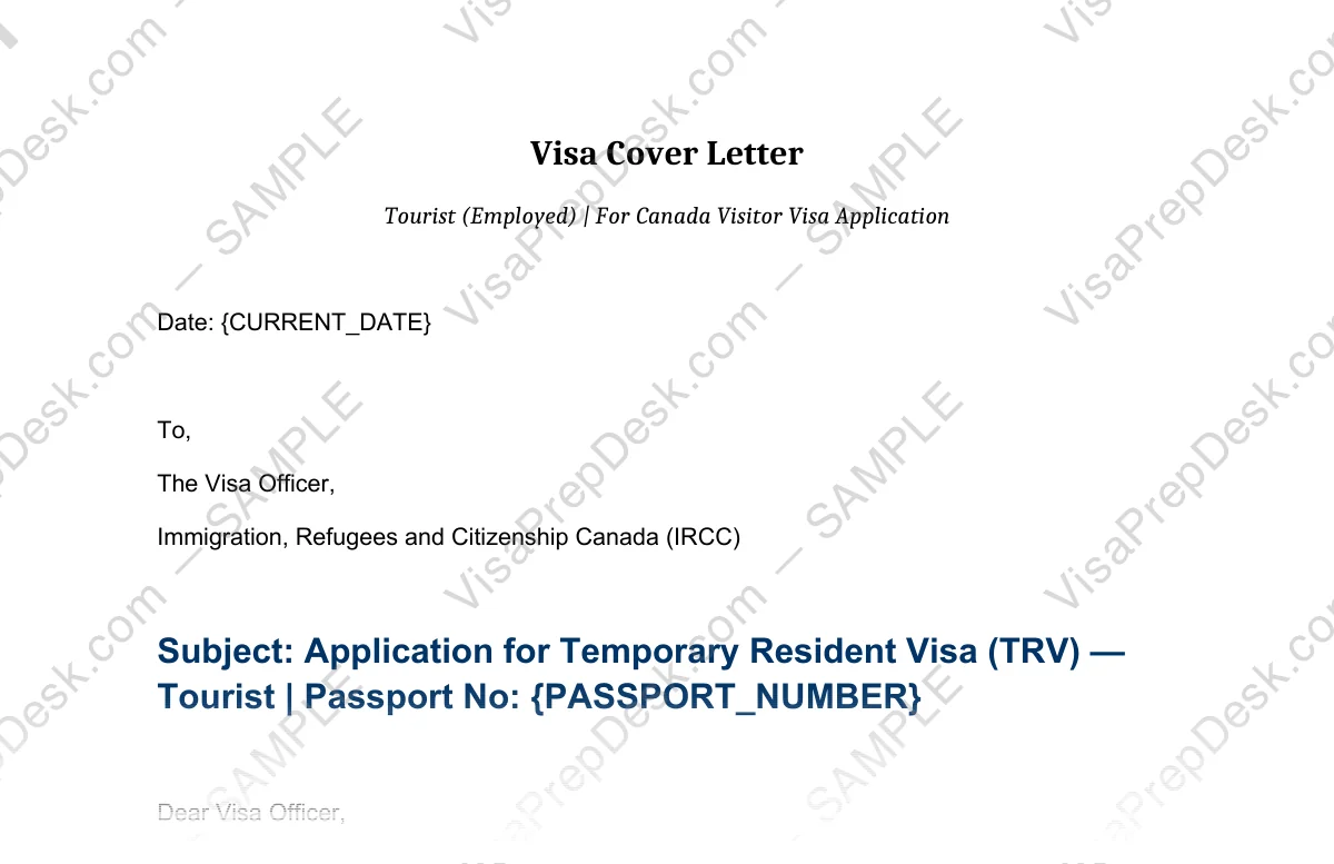 First page preview of the Canada Tourist Cover Letter — Employed template for Pakistani applicants — watermarked sample
