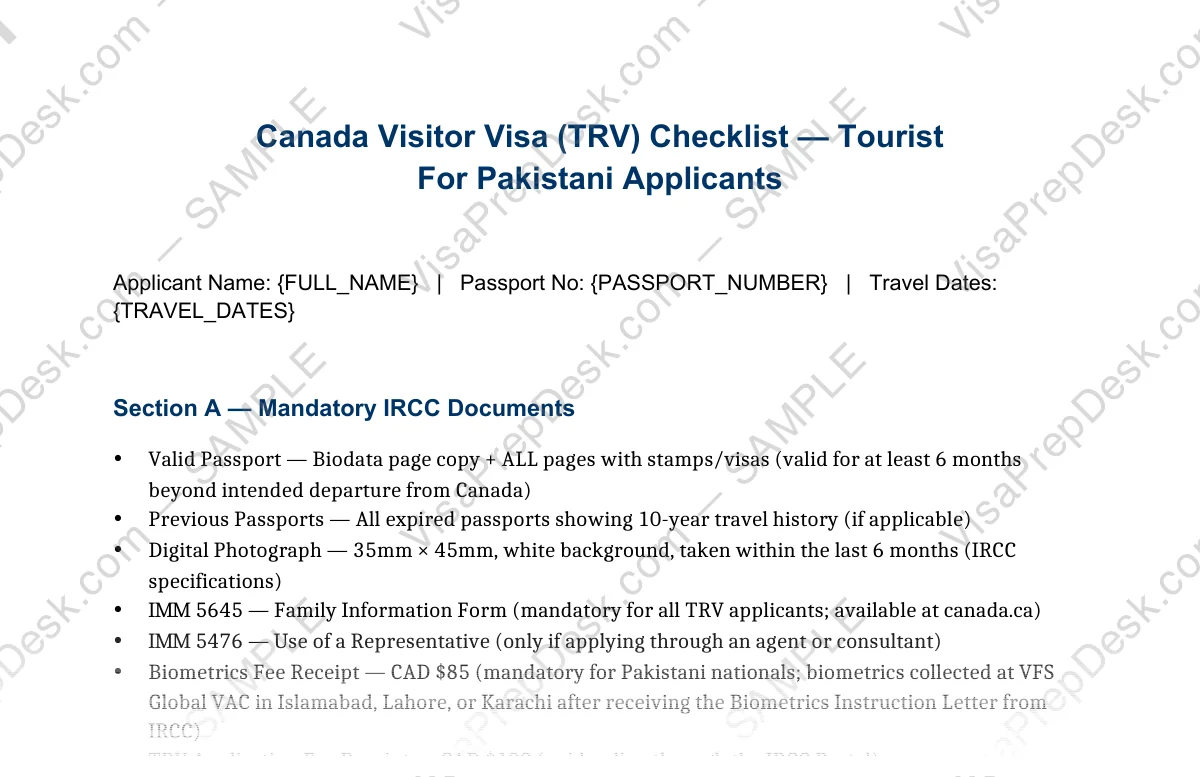 First page preview of the Canada Tourist Visa Checklist template for Pakistani applicants — watermarked sample