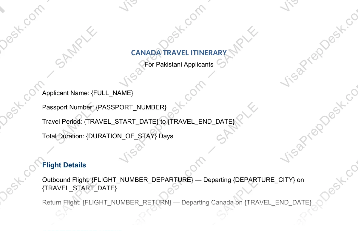 First page preview of the Canada Travel Itinerary Template template for Pakistani applicants — watermarked sample