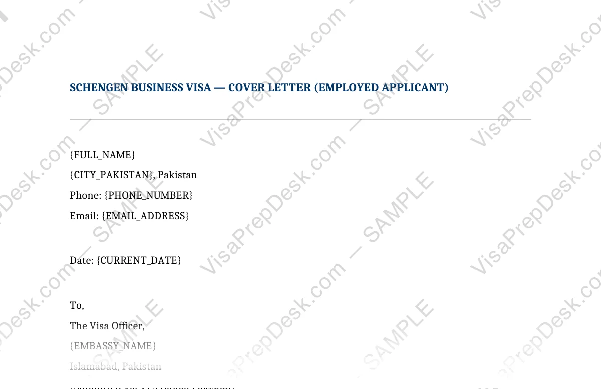 First page preview of the Schengen Business Cover Letter — Employed template for Pakistani applicants — watermarked sample