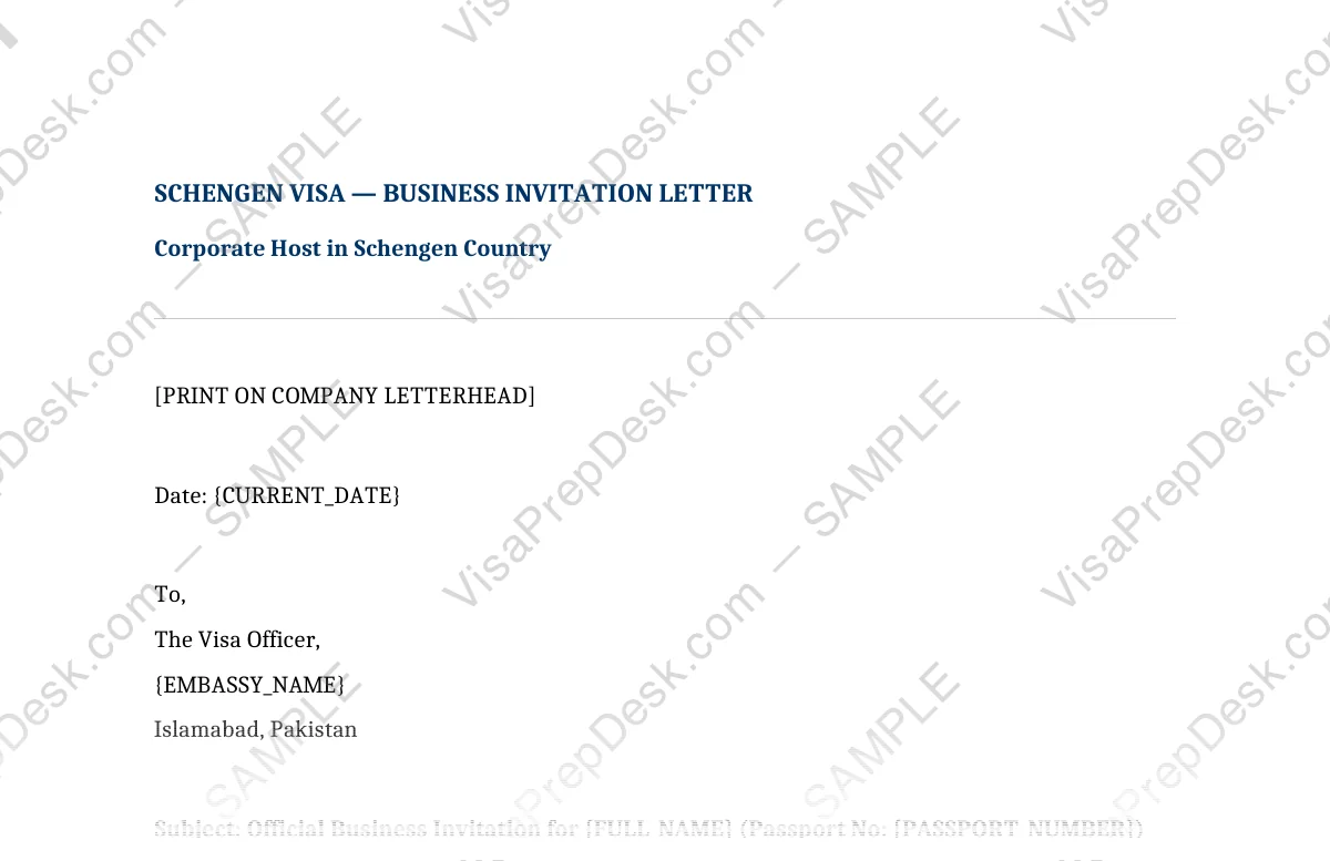 First page preview of the Schengen Business Invitation Letter template for Pakistani applicants — watermarked sample