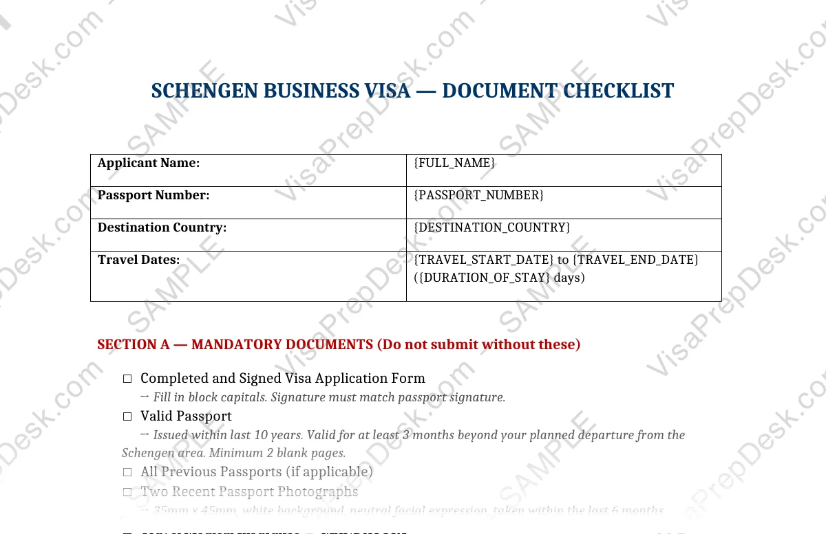 First page preview of the Schengen Business Visa Checklist template for Pakistani applicants — watermarked sample