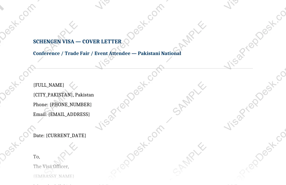 First page preview of the Schengen Conference/Event Cover Letter template for Pakistani applicants — watermarked sample