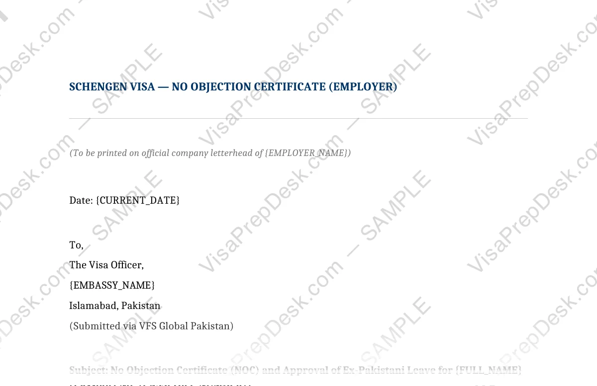 First page preview of the Schengen Employer NOC Letter template for Pakistani applicants — watermarked sample