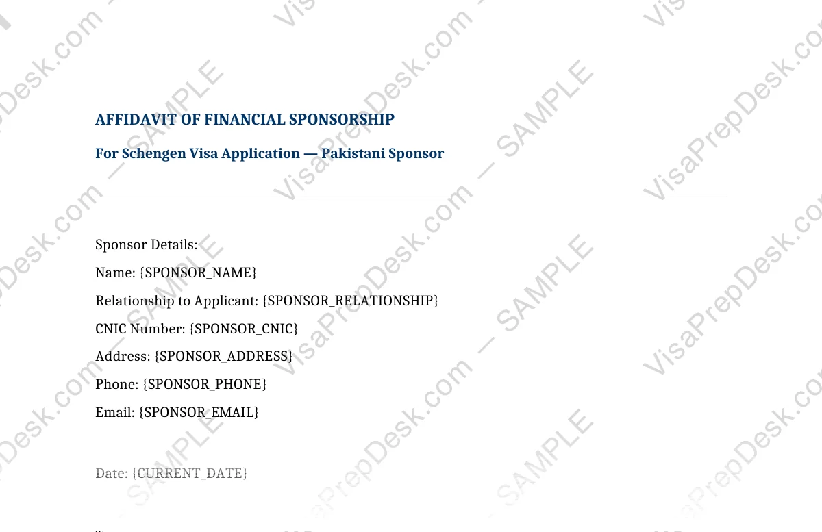 First page preview of the Schengen Family Sponsorship Affidavit template for Pakistani applicants — watermarked sample