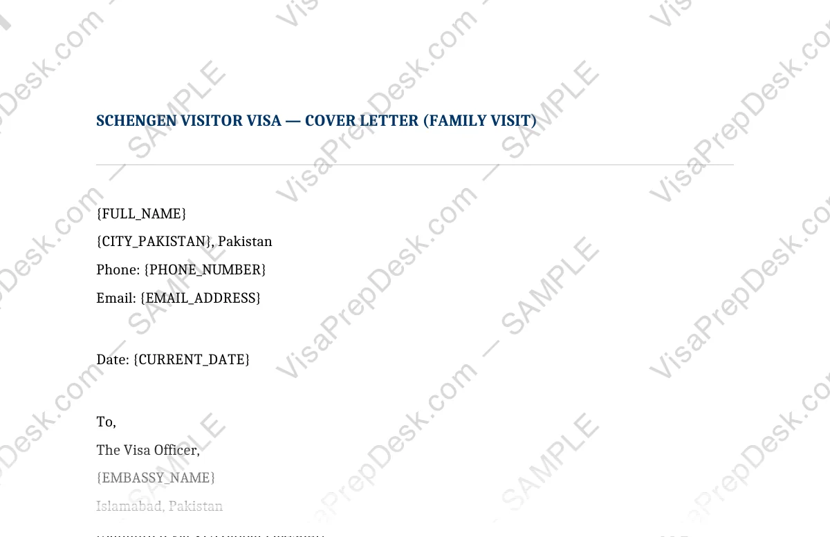 First page preview of the Schengen Family Visit Cover Letter template for Pakistani applicants — watermarked sample