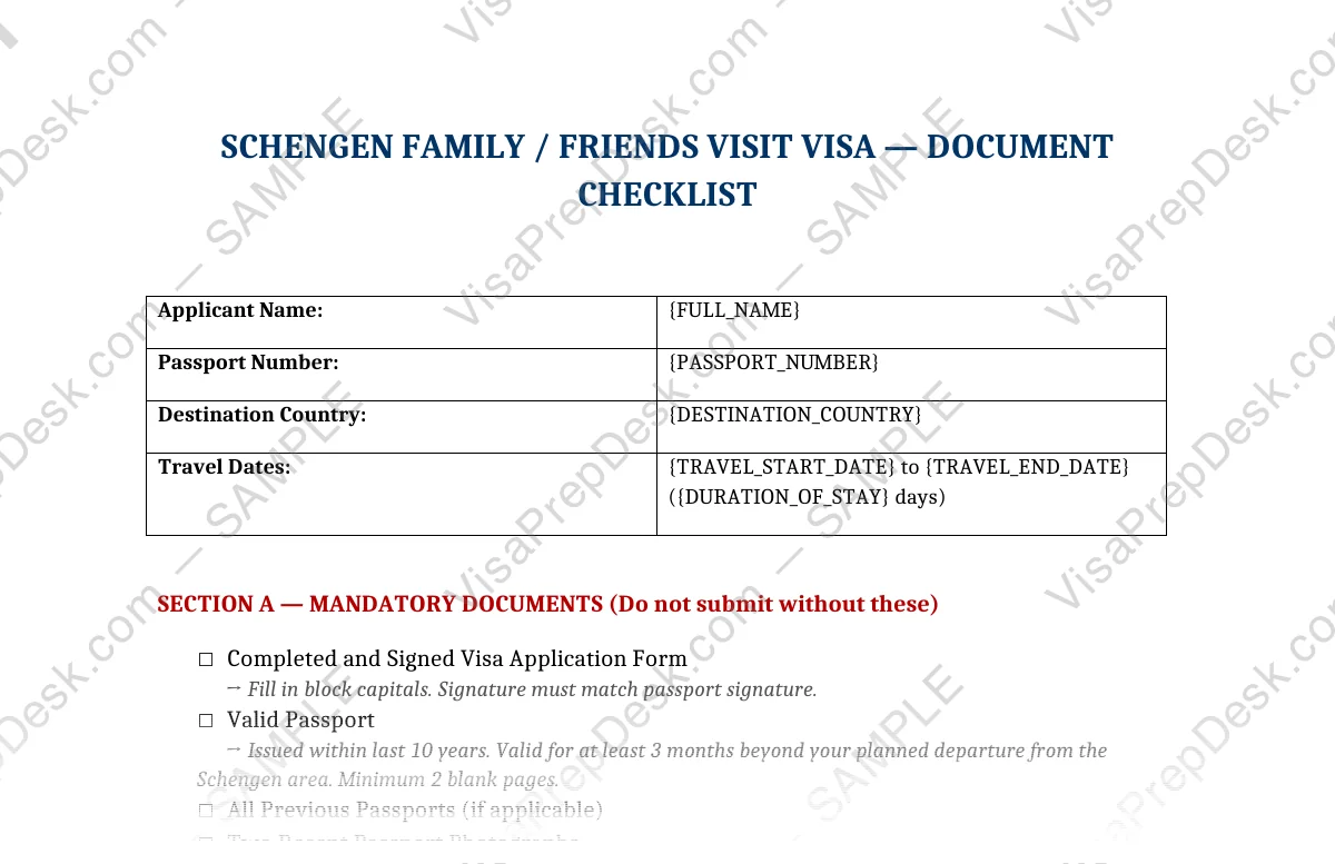 First page preview of the Schengen Family Visit Visa Checklist template for Pakistani applicants — watermarked sample