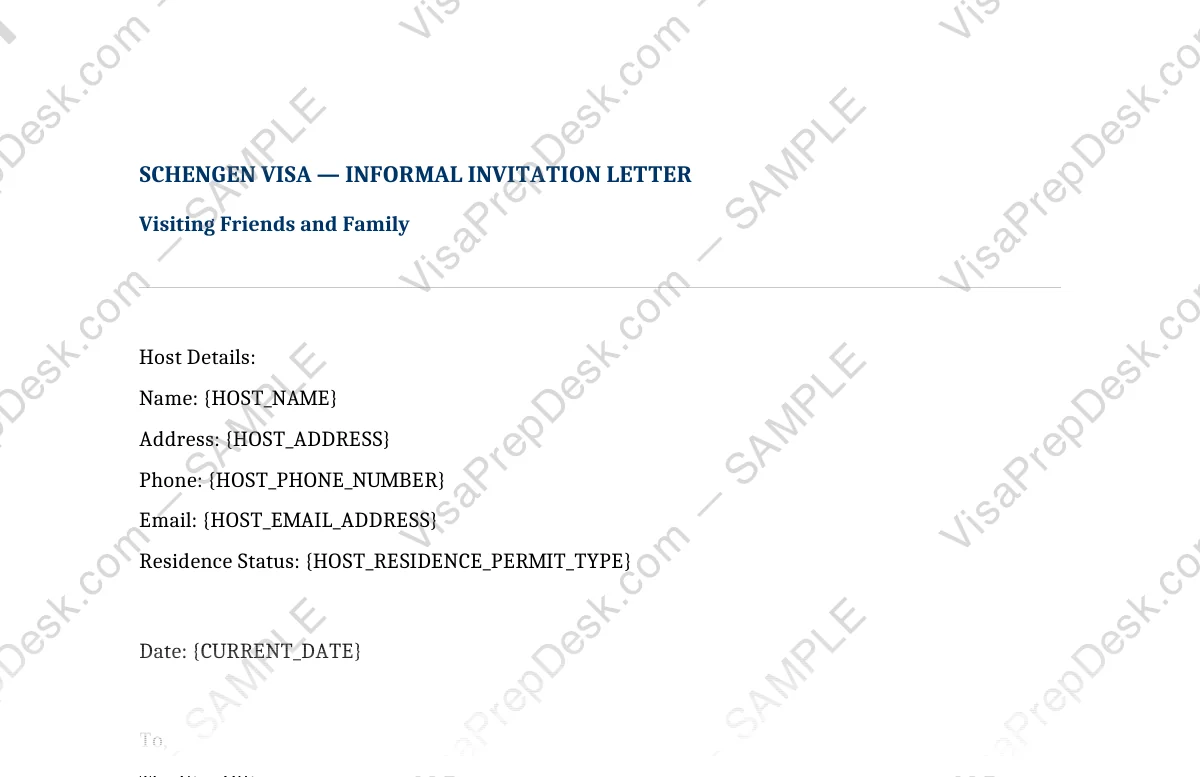 First page preview of the Schengen Informal Invitation Letter template for Pakistani applicants — watermarked sample