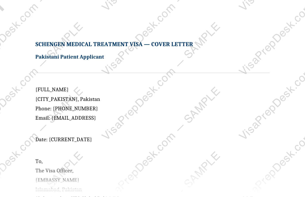 First page preview of the Schengen Medical Treatment Cover Letter template for Pakistani applicants — watermarked sample