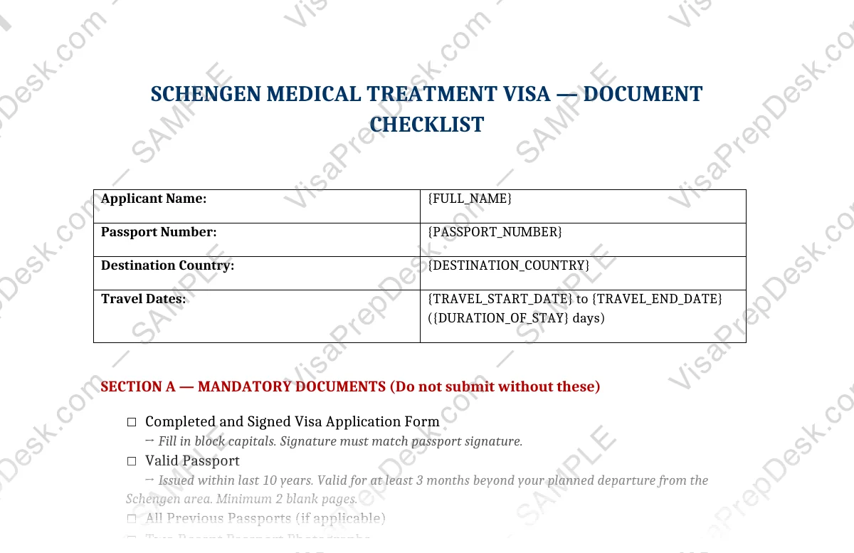 First page preview of the Schengen Medical Treatment Visa Checklist template for Pakistani applicants — watermarked sample