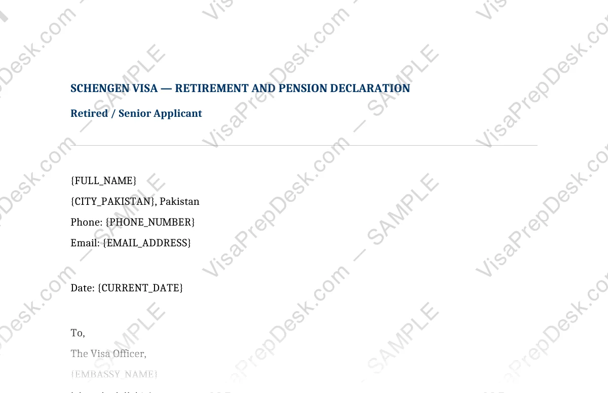 First page preview of the Schengen Retired/Pension Declaration template for Pakistani applicants — watermarked sample