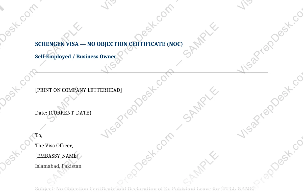 First page preview of the Schengen Self-Employed NOC template for Pakistani applicants — watermarked sample