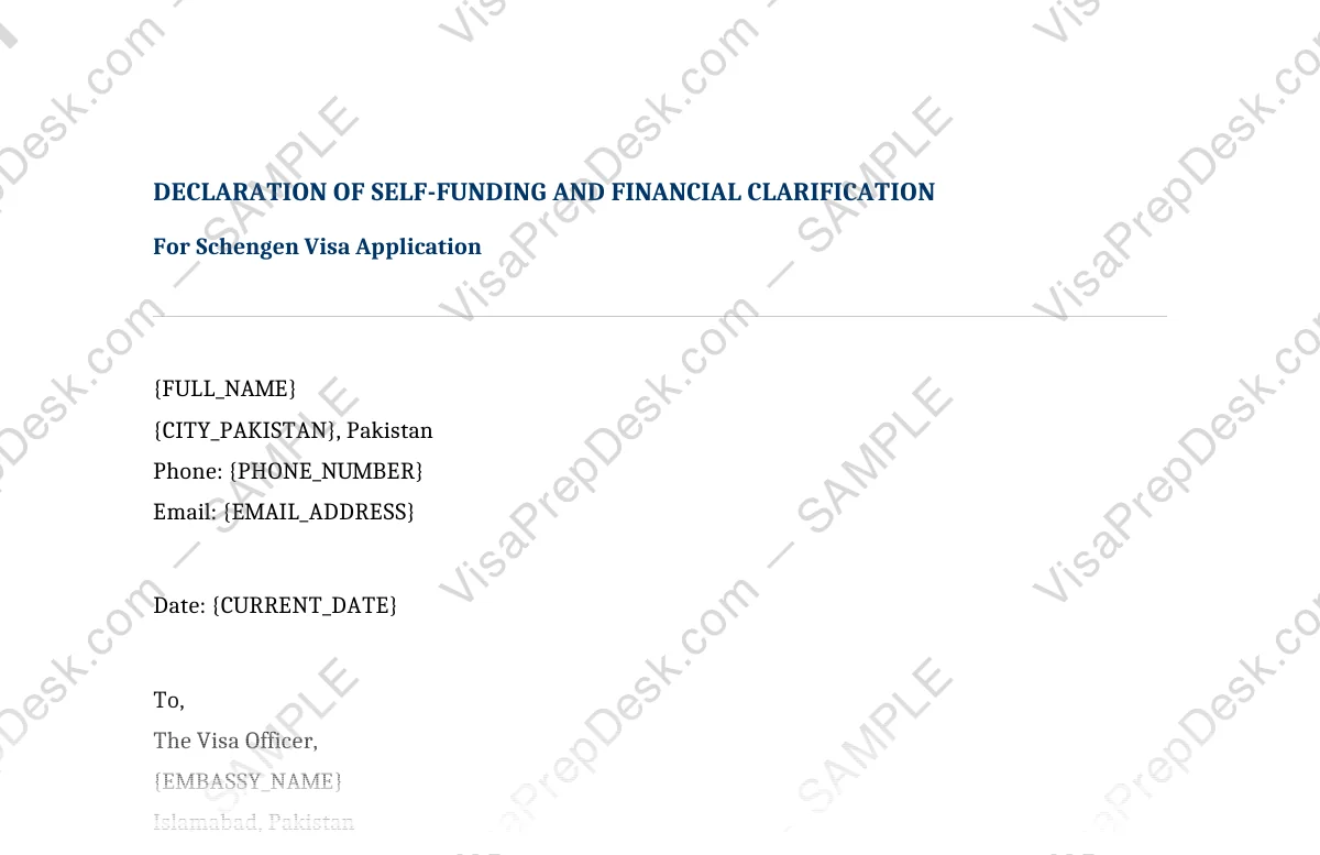 First page preview of the Schengen Self-Funded Declaration template for Pakistani applicants — watermarked sample