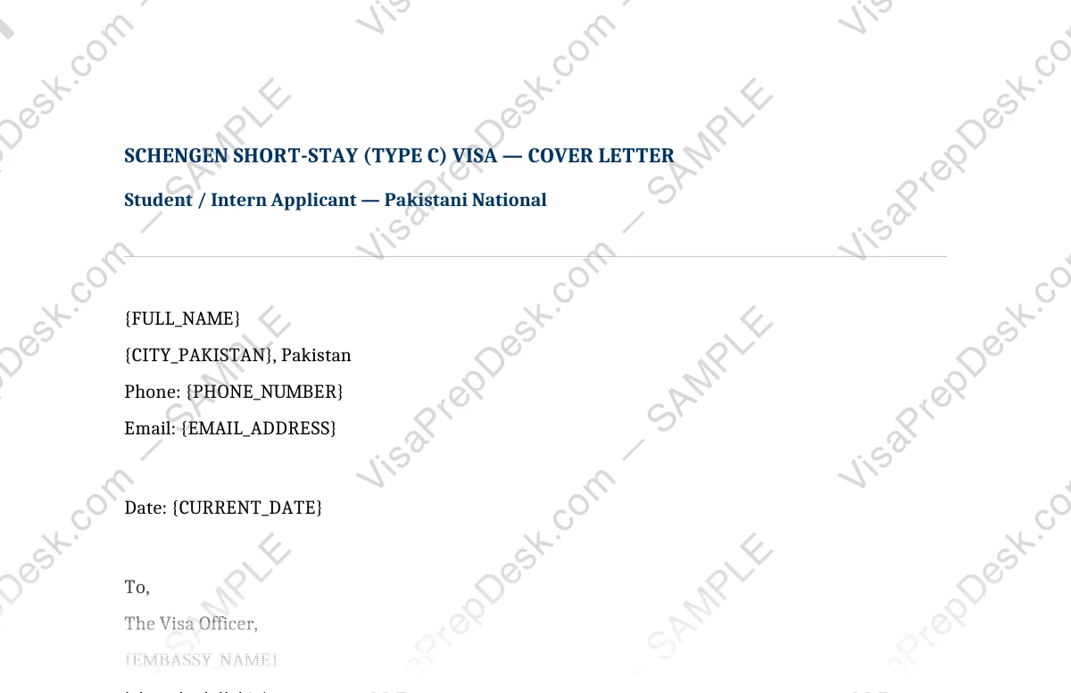 First page preview of the Schengen Short-Stay Student/Intern Cover Letter template for Pakistani applicants — watermarked sample