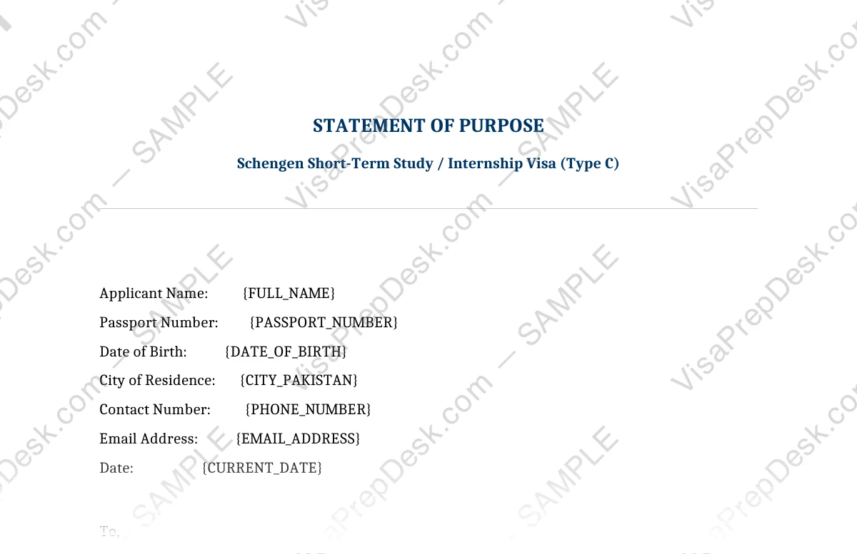 First page preview of the Schengen Student/Intern SOP template for Pakistani applicants — watermarked sample