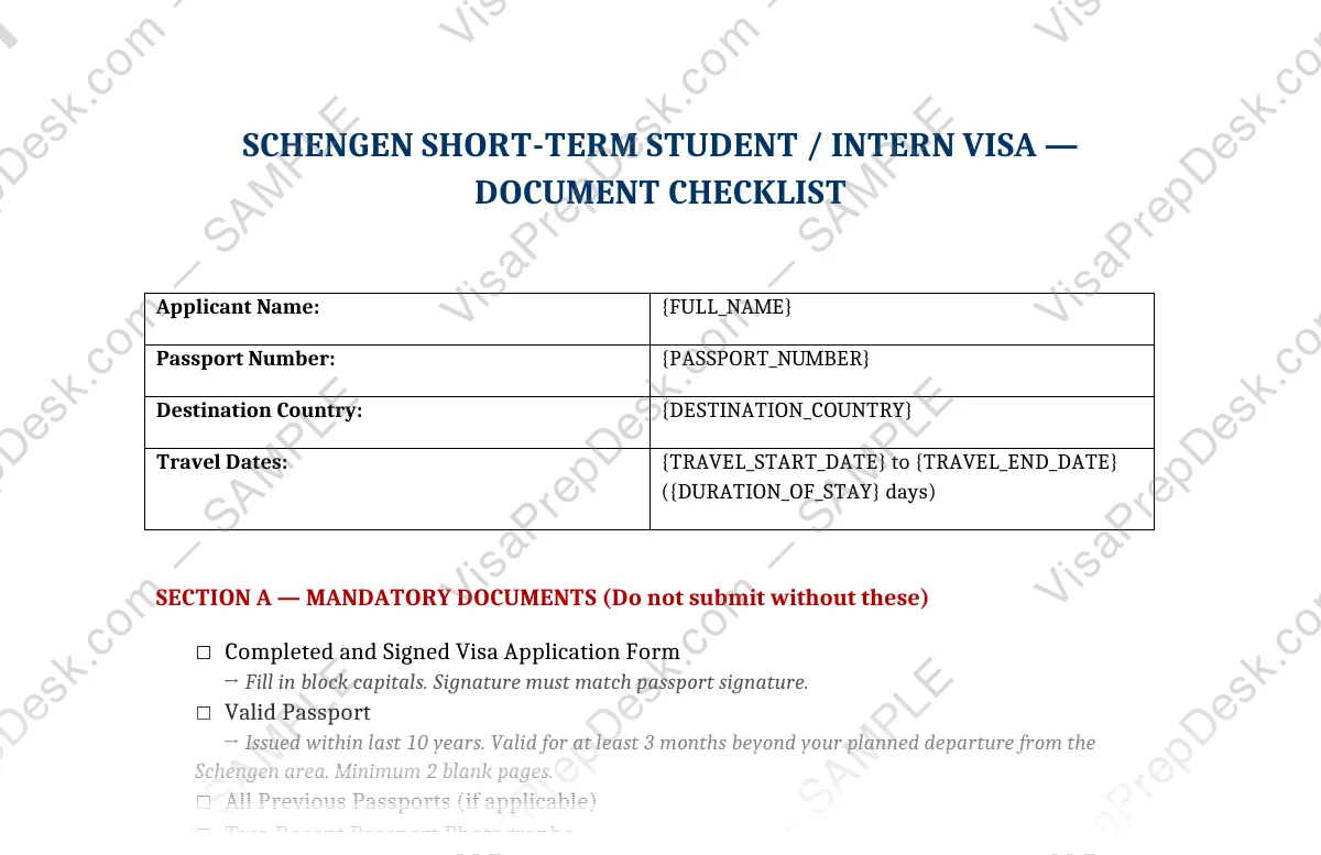 First page preview of the Schengen Student/Intern Visa Checklist template for Pakistani applicants — watermarked sample