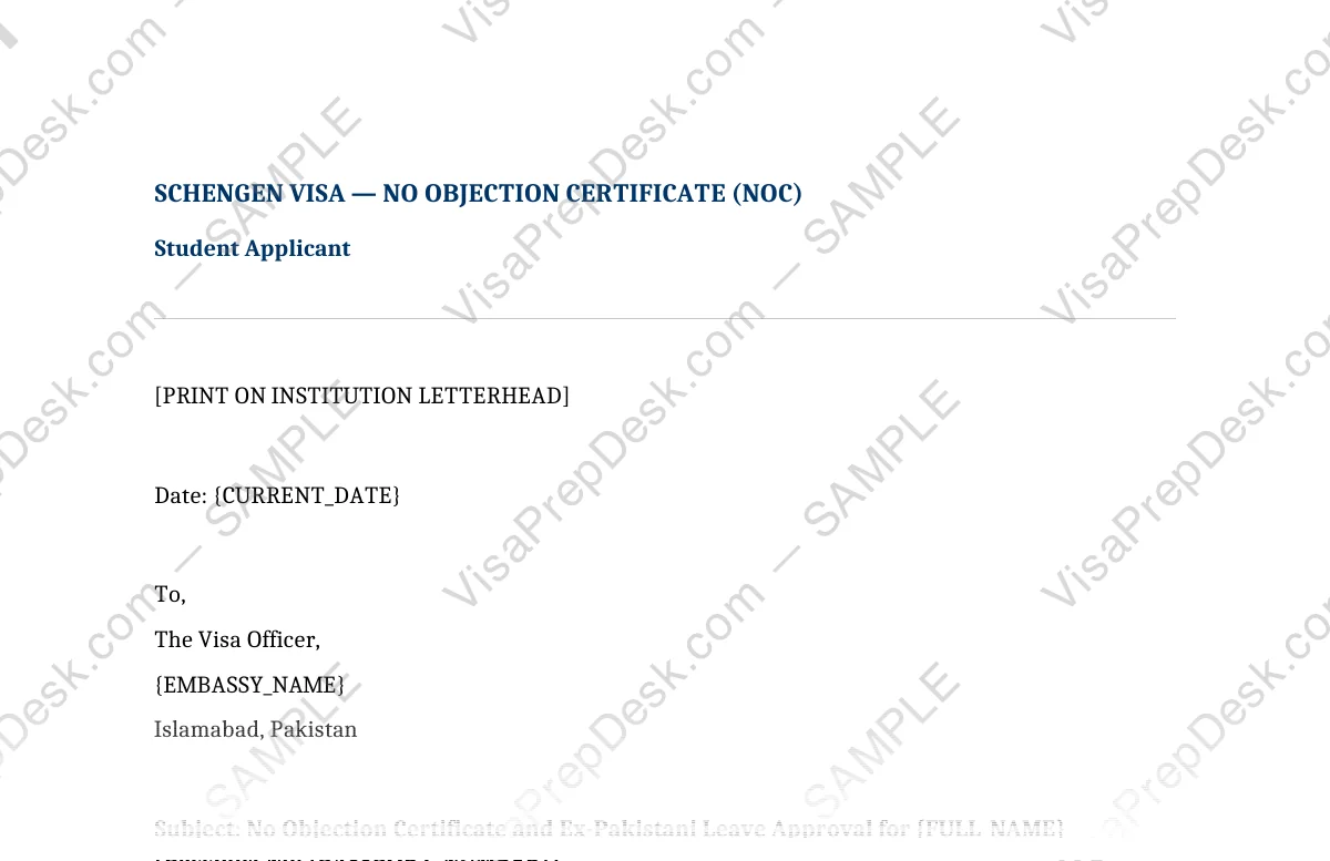 First page preview of the Schengen Student NOC template for Pakistani applicants — watermarked sample