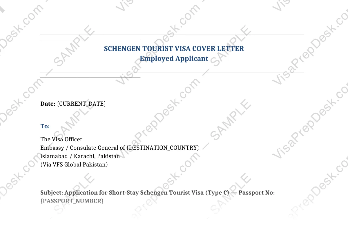 First page preview of the Schengen Tourist Cover Letter — Employed template for Pakistani applicants — watermarked sample