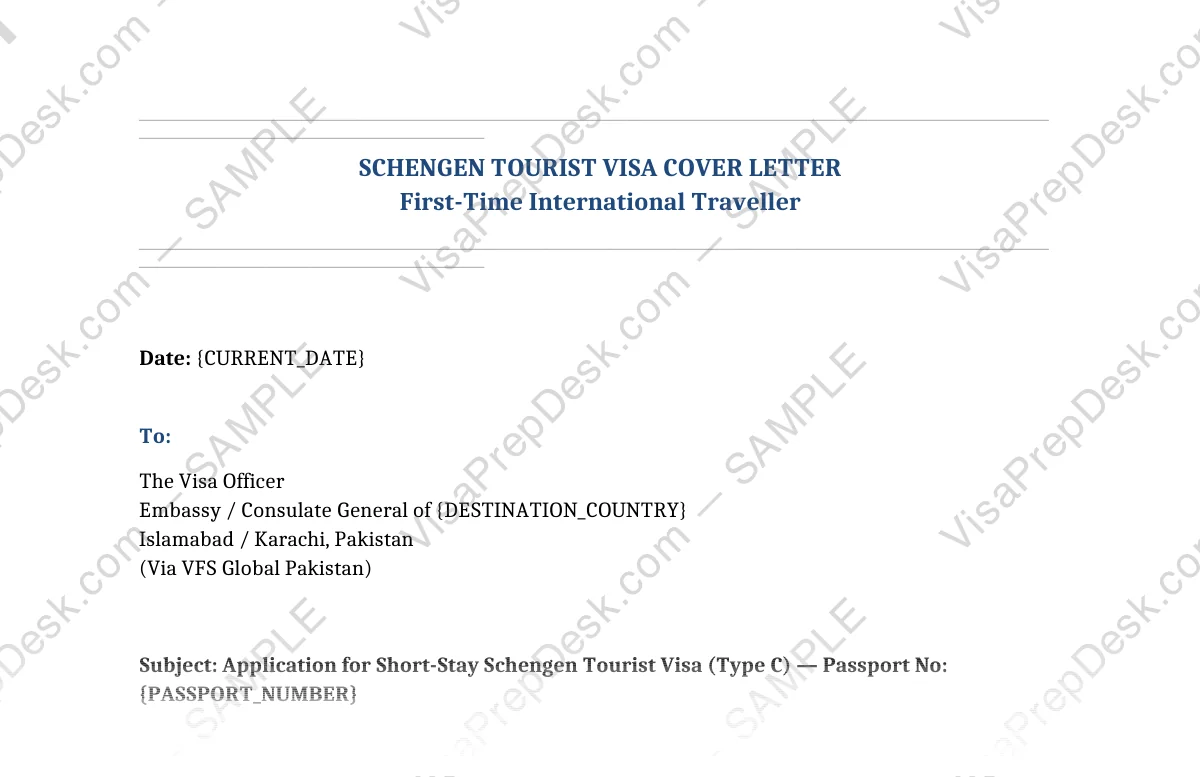 First page preview of the Schengen Tourist Cover Letter — First-Time Traveller template for Pakistani applicants — watermarked sample