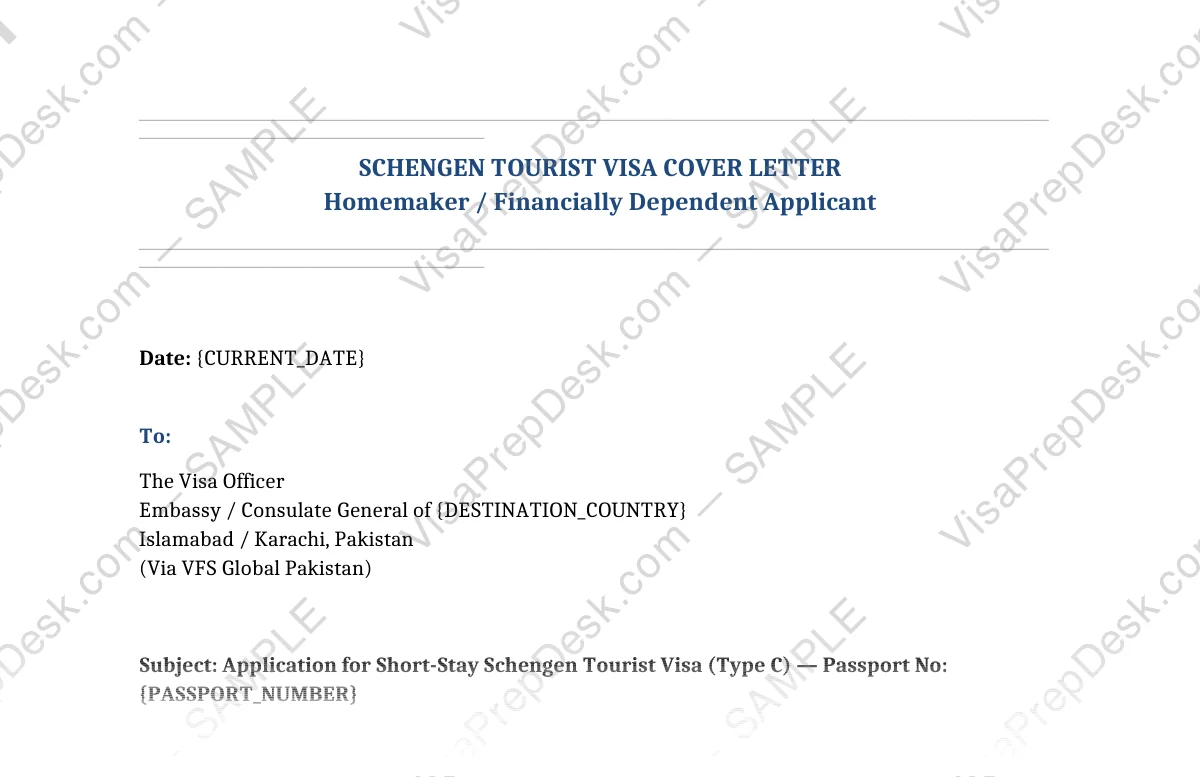 First page preview of the Schengen Tourist Cover Letter — Homemaker template for Pakistani applicants — watermarked sample